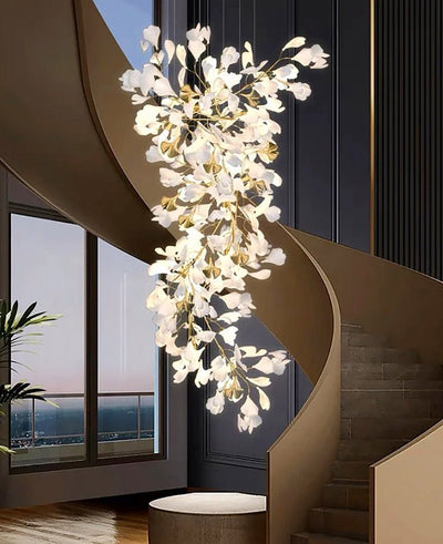 24 Light Gold Chandelier, Luxury Ginkgo Branch Chandelier for Staircase - cyranlamps
