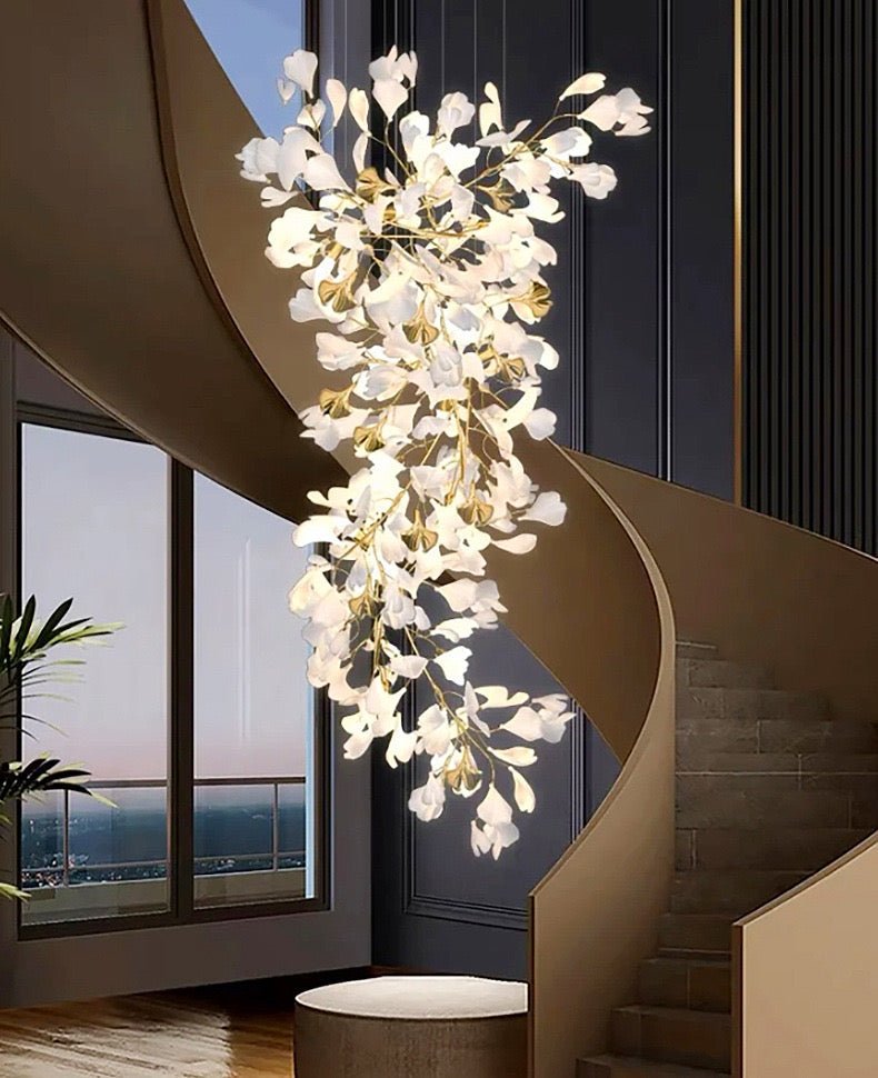 24 Light Gold Chandelier, Luxury Ginkgo Branch Chandelier for Staircase - cyranlamps