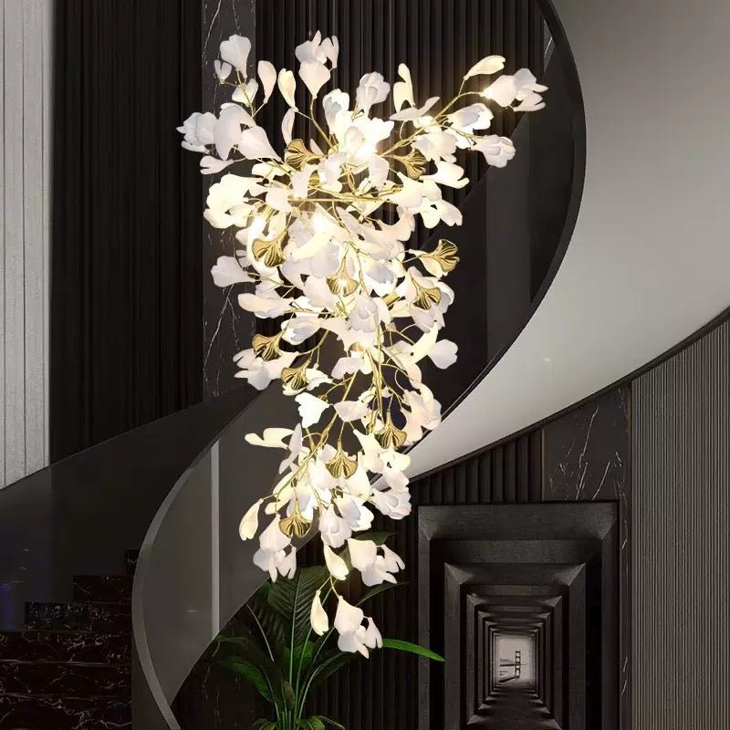 24 Light Gold Chandelier, Luxury Ginkgo Branch Chandelier for Staircase - cyranlamps