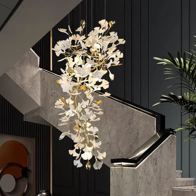 24 Light Gold Chandelier, Luxury Ginkgo Branch Chandelier for Staircase - cyranlamps
