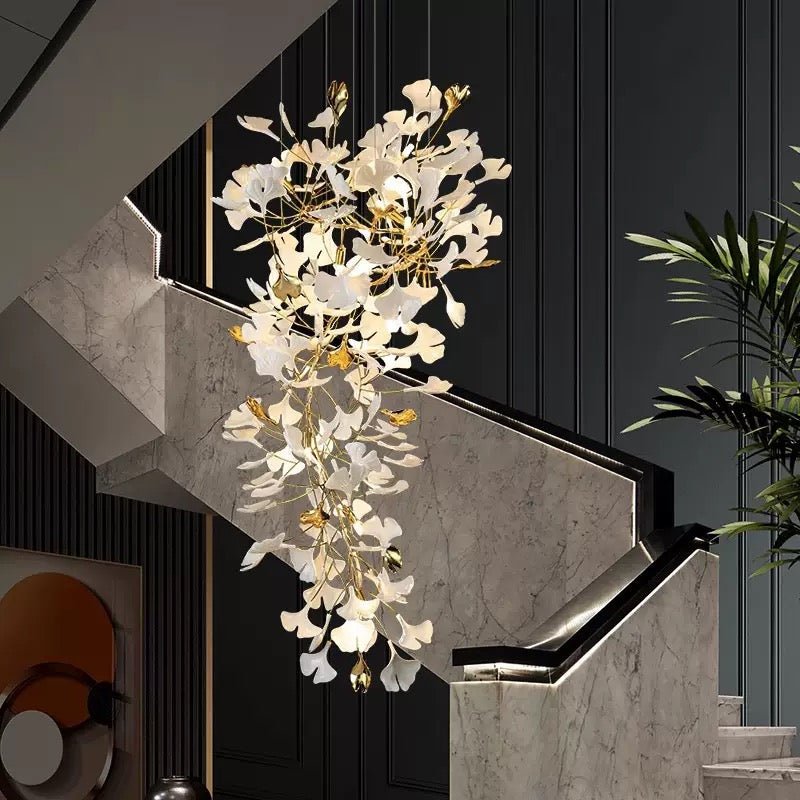 24 Light Gold Chandelier, Luxury Ginkgo Branch Chandelier for Staircase - cyranlamps