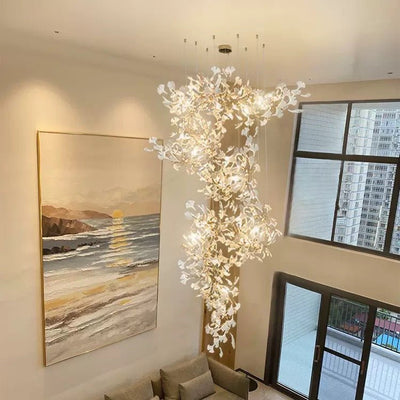 24 Light Gold Chandelier, Luxury Ginkgo Branch Chandelier for Staircase - cyranlamps