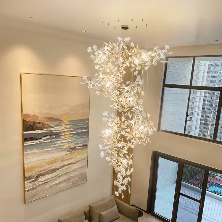 24 Light Gold Chandelier, Luxury Ginkgo Branch Chandelier for Staircase - cyranlamps