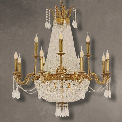 8/12/15 Lights Decorative Empire Brass Candles Crystal Chandelier Romantic Foyer Living Room Ceiling Light Fixture in Pure Copper Finish