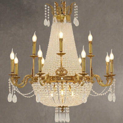 8/12/15 Lights Decorative Empire Brass Candles Crystal Chandelier Romantic Foyer Living Room Ceiling Light Fixture in Pure Copper Finish