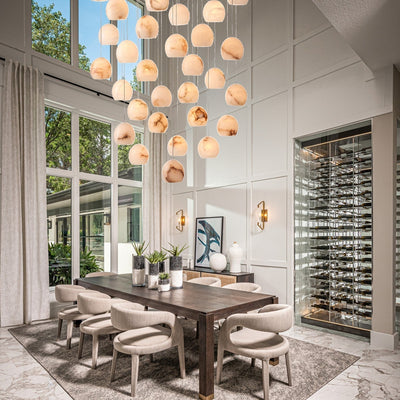 Arica Round Gold Chandelier with Natural Alabaster Stone Shades, Chandelier for High Ceiling - cyranlamps