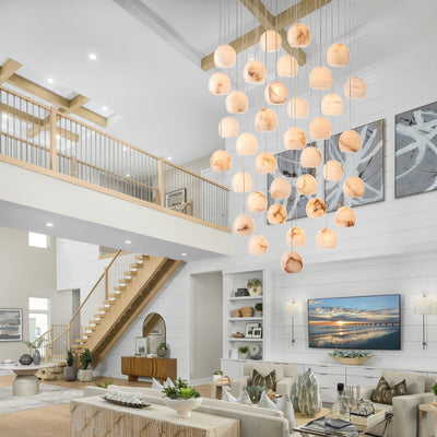 Arica Round Gold Chandelier with Natural Alabaster Stone Shades, Chandelier for High Ceiling - cyranlamps