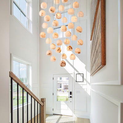 Arica Round Gold Chandelier with Natural Alabaster Stone Shades, Chandelier for High Ceiling - cyranlamps