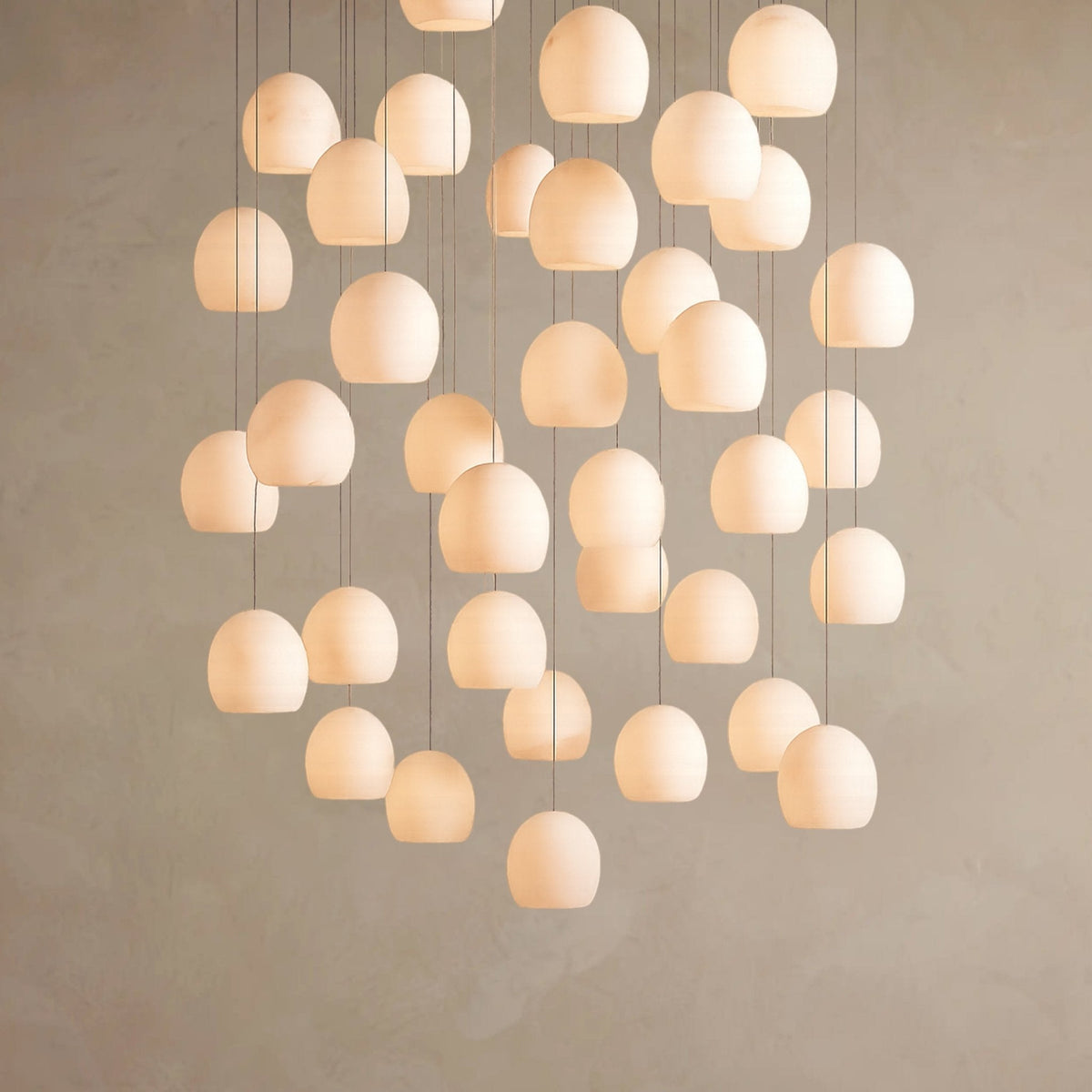 Arica Round Gold Chandelier with Natural Alabaster Stone Shades, Chandelier for High Ceiling - cyranlamps