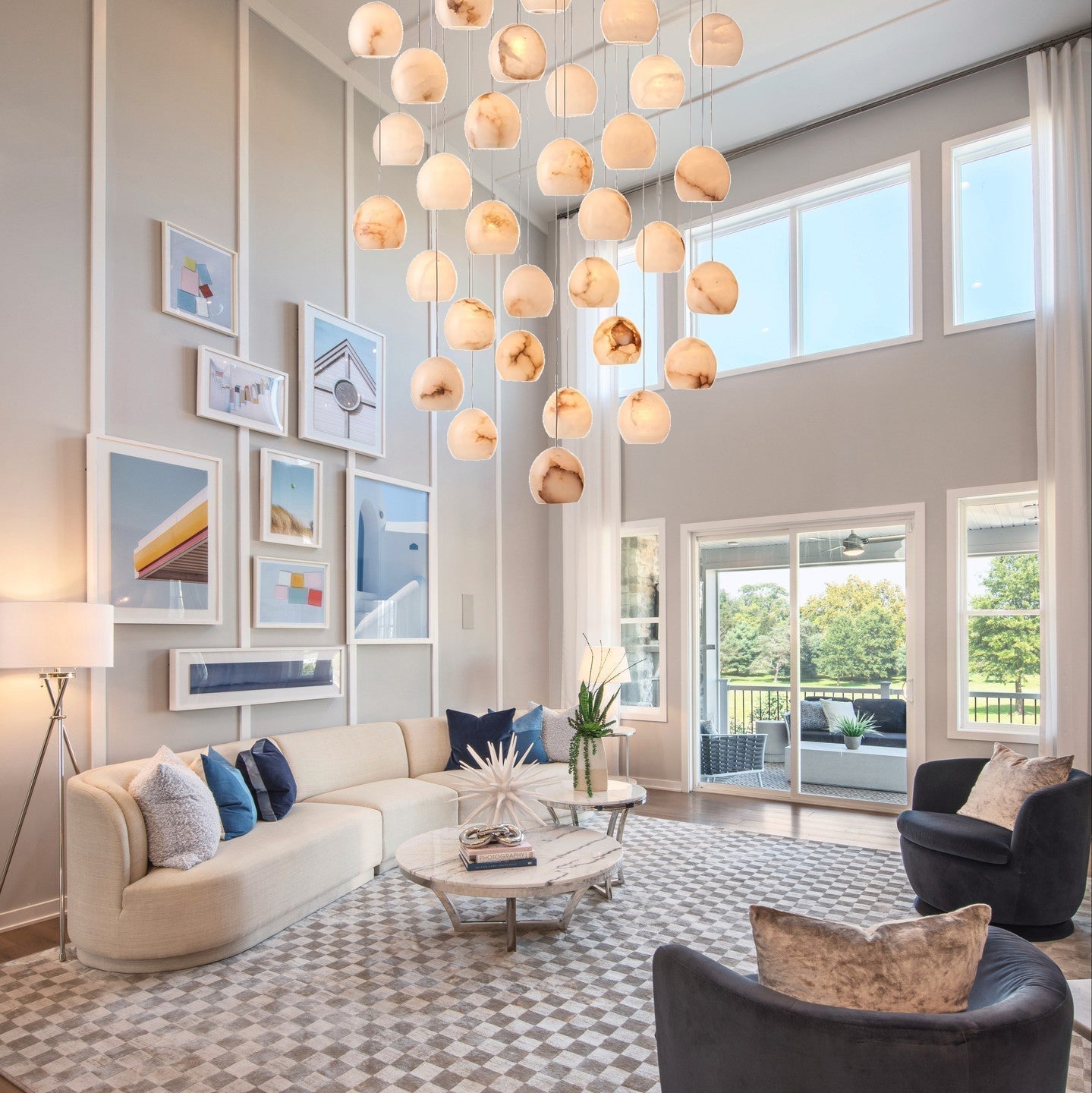 Arica Round Gold Chandelier with Natural Alabaster Stone Shades, Chandelier for High Ceiling - cyranlamps