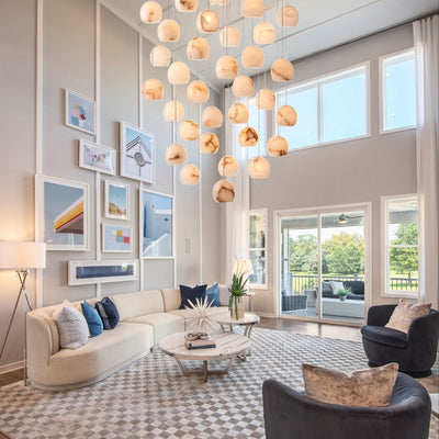Arica Round Gold Chandelier with Natural Alabaster Stone Shades, Chandelier for High Ceiling - cyranlamps