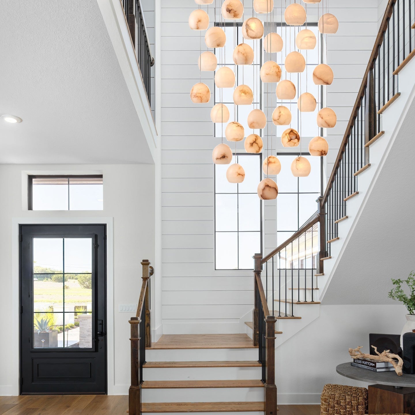 Arica Round Gold Chandelier with Natural Alabaster Stone Shades, Chandelier for High Ceiling - cyranlamps