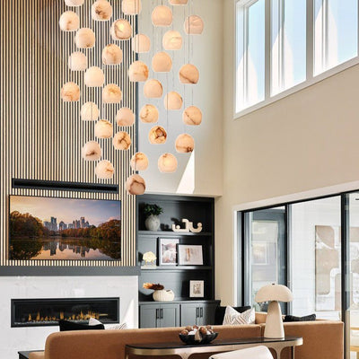 Arica Round Gold Chandelier with Natural Alabaster Stone Shades, Chandelier for High Ceiling - cyranlamps
