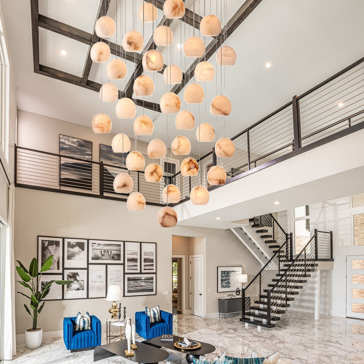 Arica Round Gold Chandelier with Natural Alabaster Stone Shades, Chandelier for High Ceiling - cyranlamps