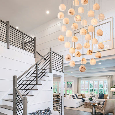 Arica Round Gold Chandelier with Natural Alabaster Stone Shades, Chandelier for High Ceiling - cyranlamps