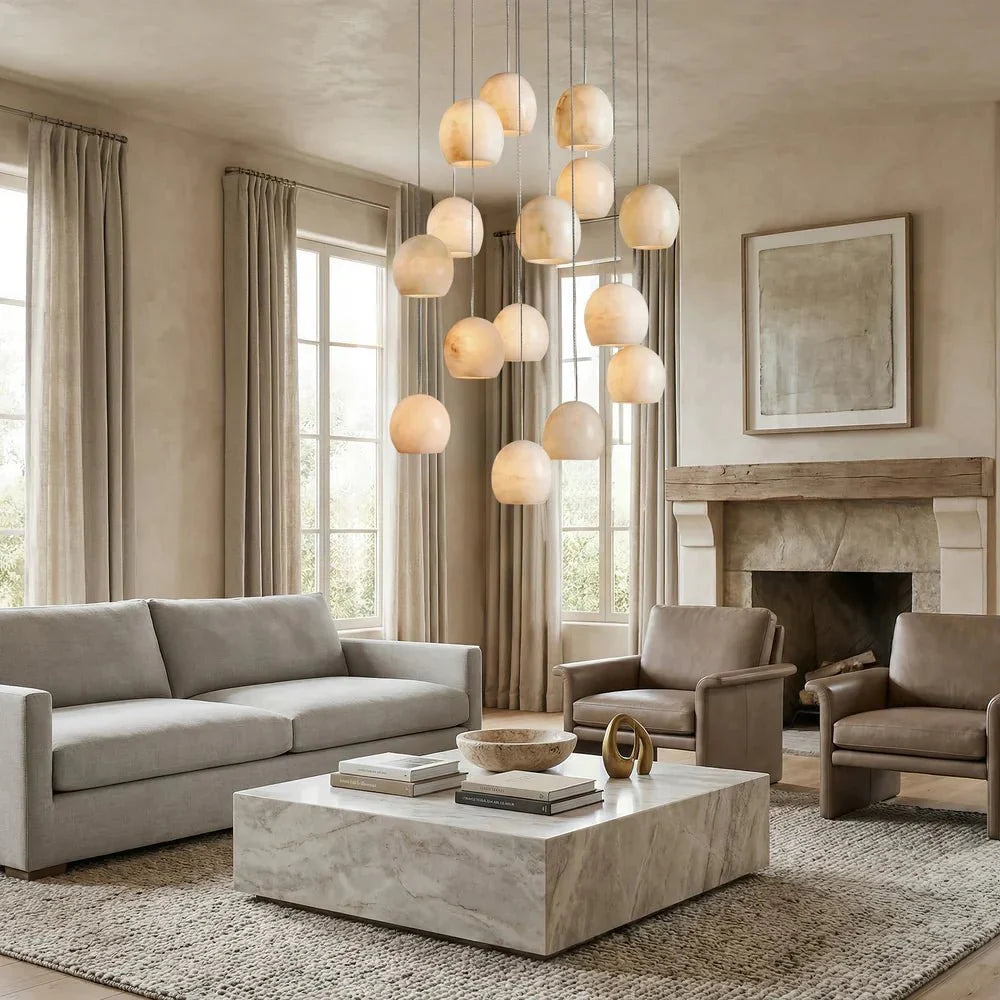 Arica Round Gold Chandelier with Natural Alabaster Stone Shades - cyranlamps