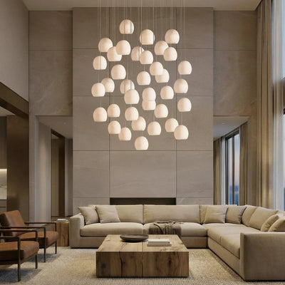 Arica Round Gold Chandelier with Natural Alabaster Stone Shades - cyranlamps