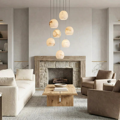 Arica Round Gold Chandelier with Natural Alabaster Stone Shades - cyranlamps