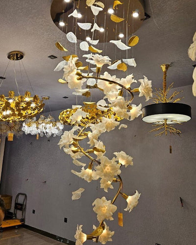Art Design Brass Branch Ceramic Flower Chandelier - cyranlamps