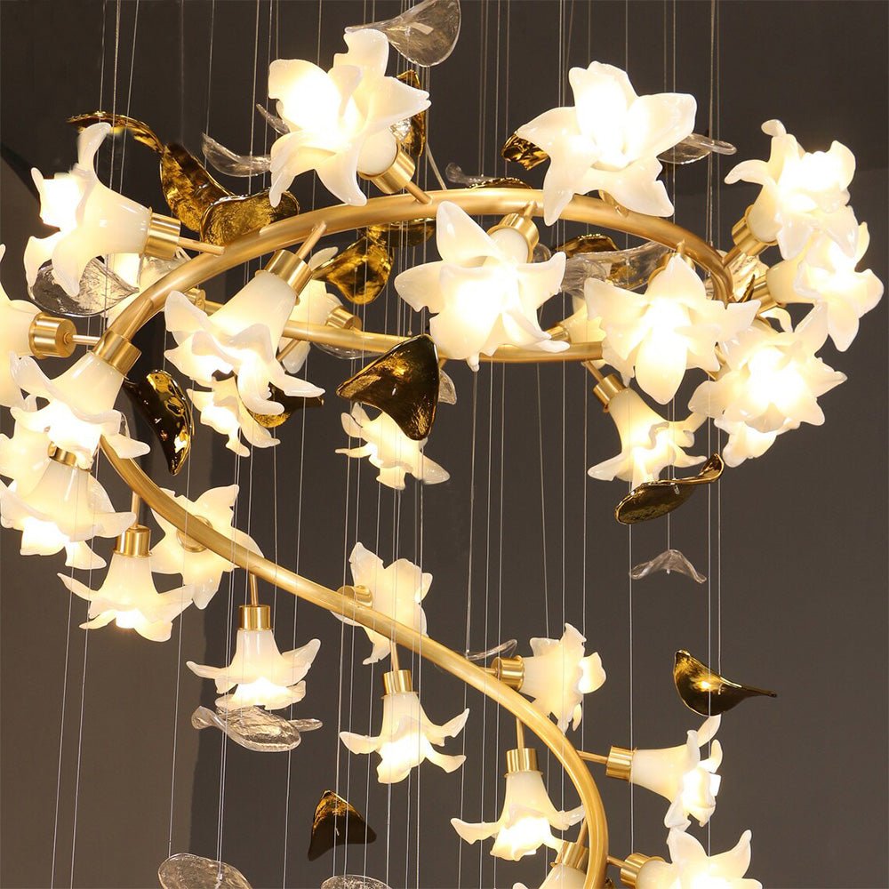 Art Design Brass Branch Ceramic Flower Chandelier - cyranlamps