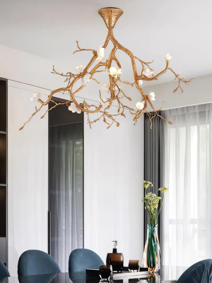 Aurelia Golden Branch & Porcelain Bloom Chandelier - Cyran Lamps