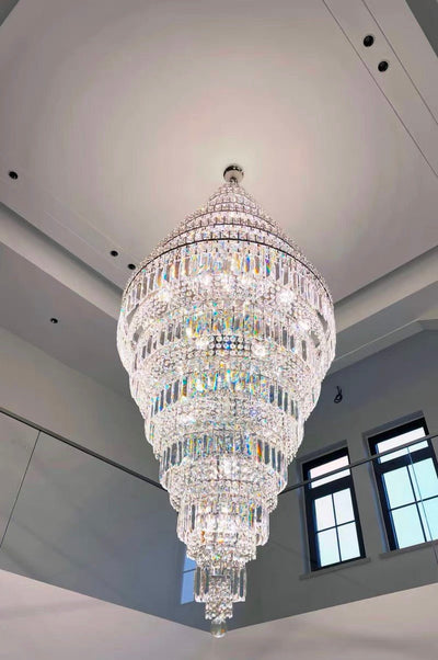Chrome Extra Large Crystal Chandelier for Foyer Staircase Living Room Entrance Ceiling Light Fixture In Silver - cyranlamps