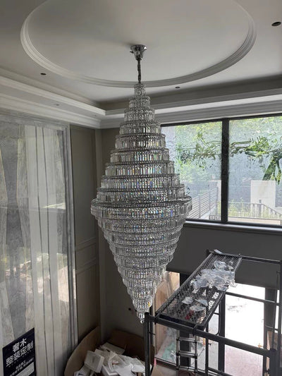 Chrome Extra Large Crystal Chandelier for Foyer Staircase Living Room Entrance Ceiling Light Fixture In Silver - cyranlamps