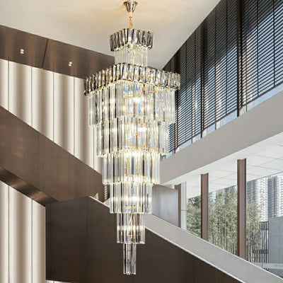Decorative Large Vertical Crystal Staircase Chandelier Foyer Ceiling Light Fixture Lamp In Gray/ Amber Brim - cyranlamps