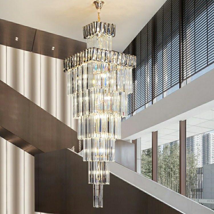 Decorative Large Vertical Crystal Staircase Chandelier Foyer Ceiling Light Fixture Lamp In Gray/ Amber Brim - cyranlamps