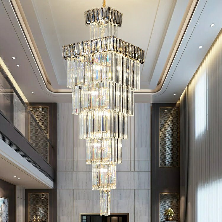 Decorative Large Vertical Crystal Staircase Chandelier Foyer Ceiling Light Fixture Lamp In Gray/ Amber Brim - cyranlamps