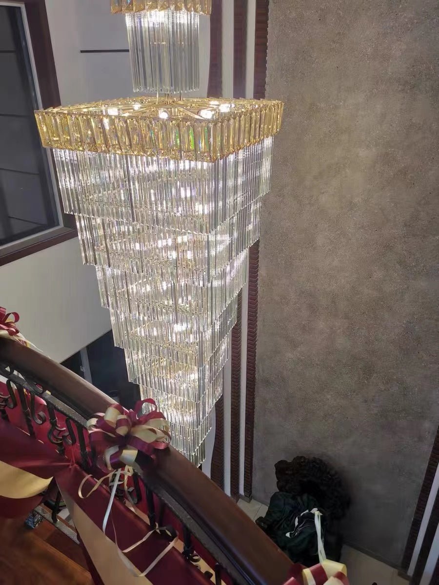 Decorative Large Vertical Crystal Staircase Chandelier Foyer Ceiling Light Fixture Lamp In Gray/ Amber Brim - cyranlamps