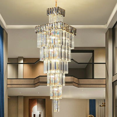 Decorative Large Vertical Crystal Staircase Chandelier Foyer Ceiling Light Fixture Lamp In Gray/ Amber Brim - cyranlamps