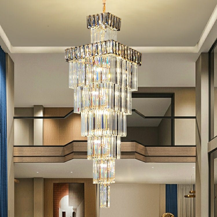 Decorative Large Vertical Crystal Staircase Chandelier Foyer Ceiling Light Fixture Lamp In Gray/ Amber Brim - cyranlamps