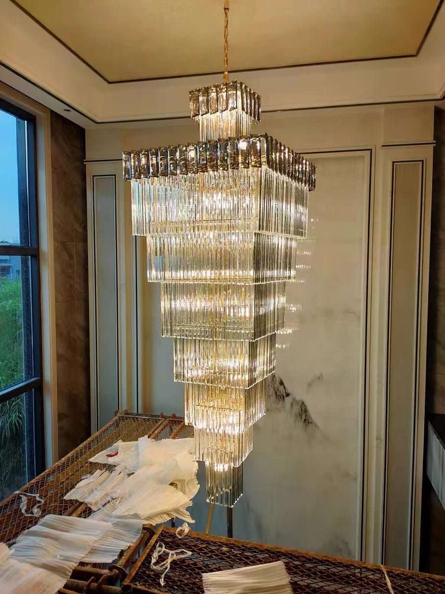 Decorative Large Vertical Crystal Staircase Chandelier Foyer Ceiling Light Fixture Lamp In Gray/ Amber Brim - cyranlamps