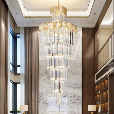 Decorative Large Vertical Crystal Staircase Chandelier Foyer Ceiling Light Fixture Lamp In Gray/ Amber Brim - cyranlamps