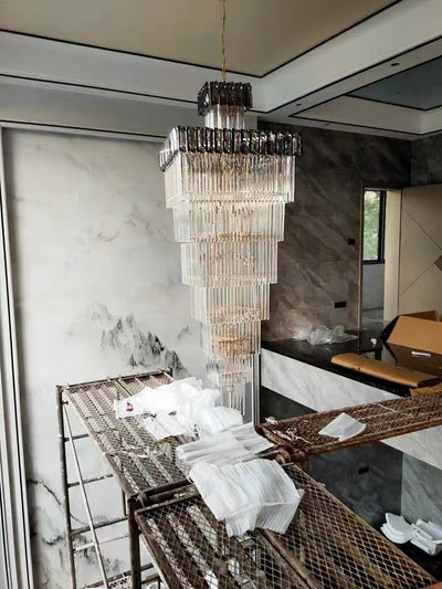 Decorative Large Vertical Crystal Staircase Chandelier Foyer Ceiling Light Fixture Lamp In Gray/ Amber Brim - cyranlamps