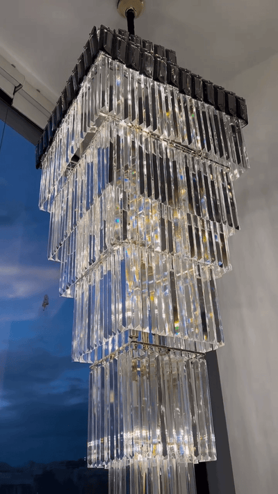 Decorative Large Vertical Crystal Staircase Chandelier Foyer Ceiling Light Fixture Lamp In Gray/ Amber Brim - cyranlamps