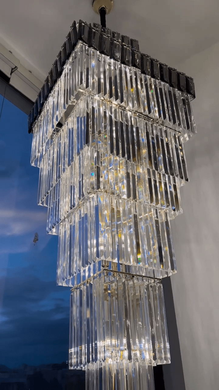 Decorative Large Vertical Crystal Staircase Chandelier Foyer Ceiling Light Fixture Lamp In Gray/ Amber Brim - cyranlamps