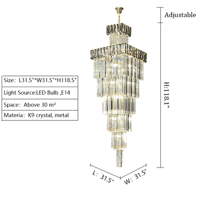 Decorative Large Vertical Crystal Staircase Chandelier Foyer Ceiling Light Fixture Lamp In Gray/ Amber Brim - cyranlamps