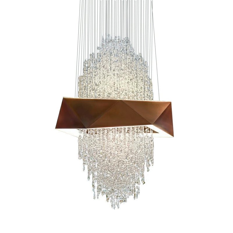 Duplex Living Room Crystal Pendant Chandelier Luxury Hotel Entryway Ceiling Light Fixture In Gold Finish - cyranlamps