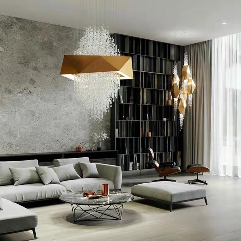 Duplex Living Room Crystal Pendant Chandelier Luxury Hotel Entryway Ceiling Light Fixture In Gold Finish - cyranlamps