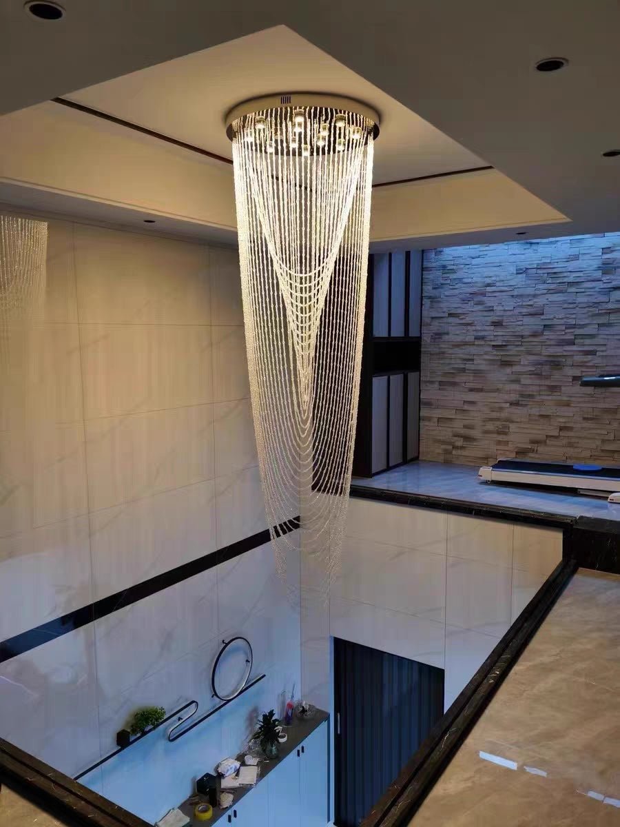 Extra Large Affordable Luxury Tiered Tassel Watefall Crystal Chandelier for Spiral Staircase/Villa/Hotel Lobby/Foyer - cyranlamps