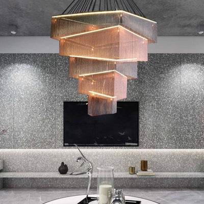 Extra Large Art Multi - tier Aluminum Chain Tassel Chandelier for High - Ceiling Room - cyranlamps
