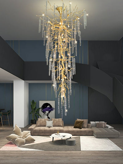 Extra Large Brass Tree Branch LED Chandelier Crystal Bar Drops Ceiling Light Fixture For Foyer Living Room Hall - cyranlamps