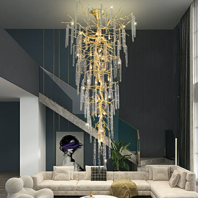 Extra Large Brass Tree Branch LED Chandelier Crystal Bar Drops Ceiling Light Fixture For Foyer Living Room Hall - cyranlamps