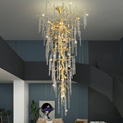 Extra Large Brass Tree Branch LED Chandelier Crystal Bar Drops Ceiling Light Fixture For Foyer Living Room Hall - cyranlamps