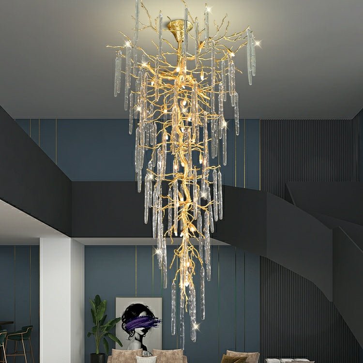 Extra Large Brass Tree Branch LED Chandelier Crystal Bar Drops Ceiling Light Fixture For Foyer Living Room Hall - cyranlamps