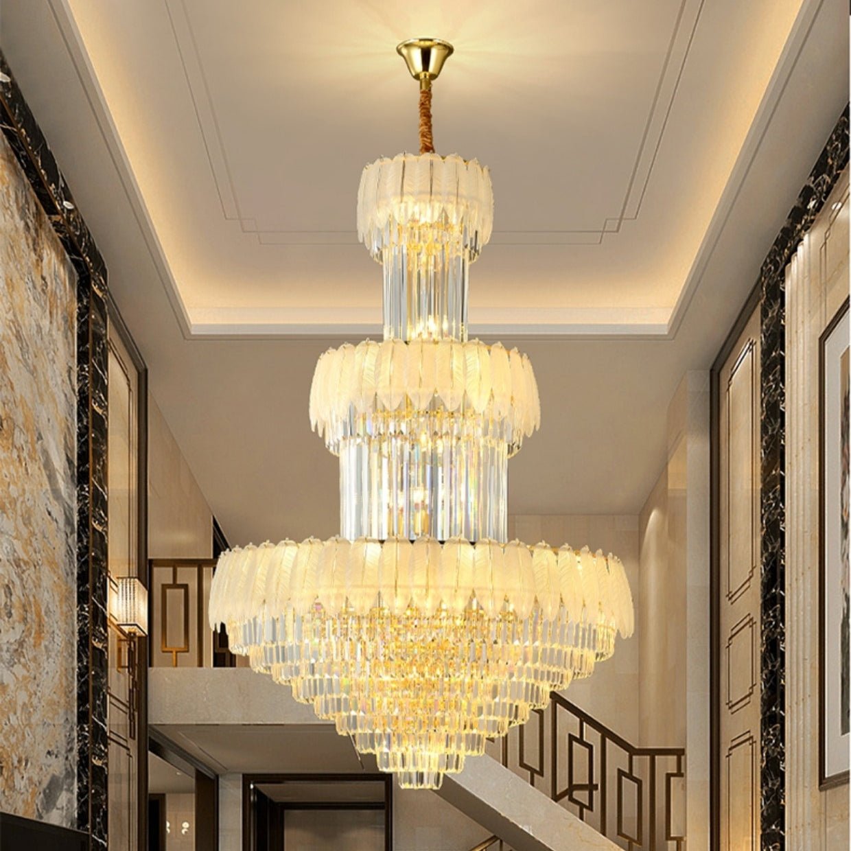Extra Large Crystal Feather Style Chandelier Long Foyer Staircase Ceiling Lighting Fixture For Living Room - cyranlamps