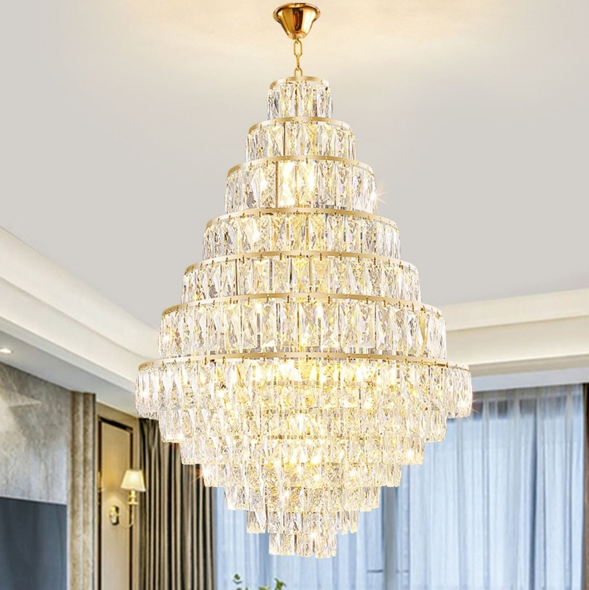 Extra Large Decorative Crystal Chandelier Foyer Hall Ceiling Light Fixture For Staircase In Gold/ Chrome - cyranlamps