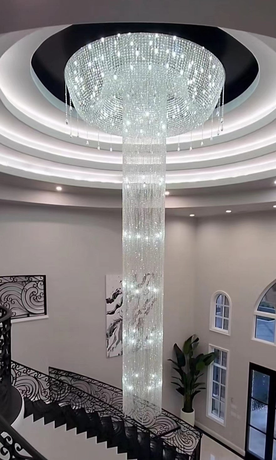 Extra Large Flush Mount Silver Waterfall Luxury Ceiling Crystal Chandelier for High - ceiling Living Room/Duplex Hall - cyranlamps